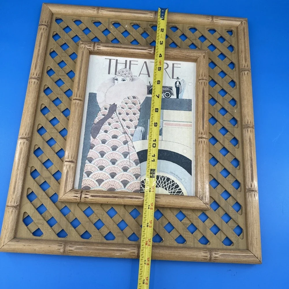 Vintage Bamboo And Rattan Trellis Picture Frame w/ Theatre Print Gloria Eriksen